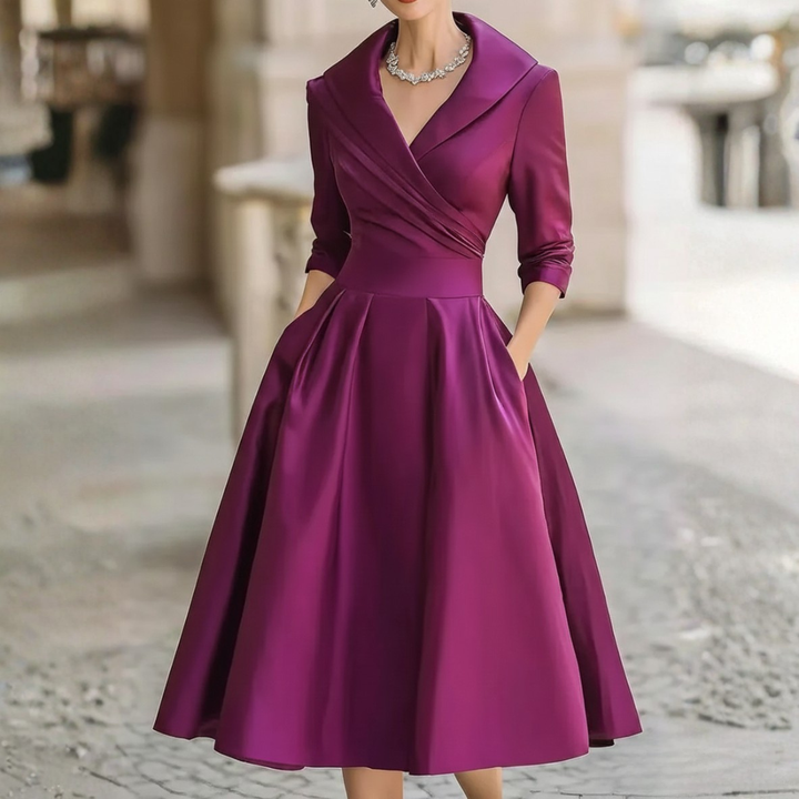 Satin Midi Dress A Line Wrap Front Three Quarter Sleeve Women