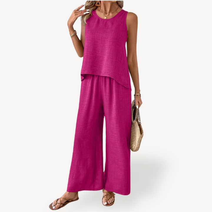 Leinen Tank Top Weite Bein Hose Damen | Vestea
