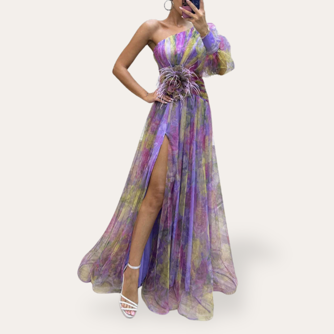 Vestea | Damen Chiffon Abendkleid – One-Shoulder, Bunt, Elegant