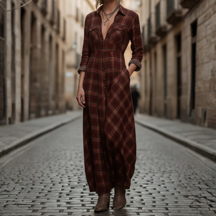 Women Plaid Button Down Maxi Dress
