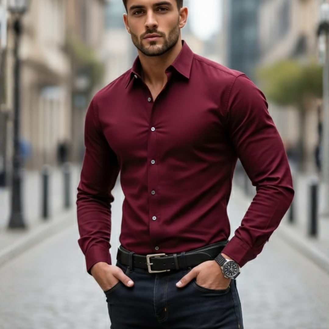 Chemise à boutons manches longues coupe ajustée élastique pour homme