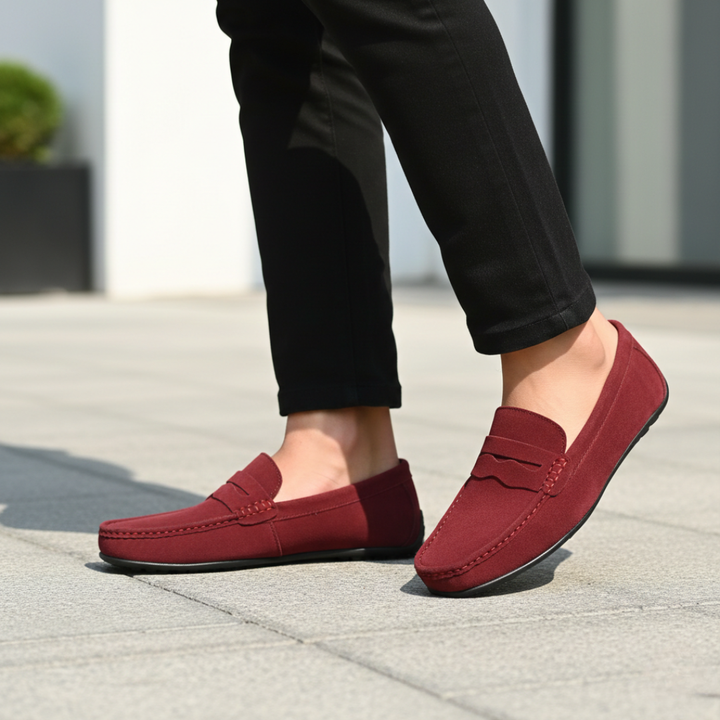 Zapatos de conducir para hombre tipo mocasín de ante con correa para moneda, sin cordones
