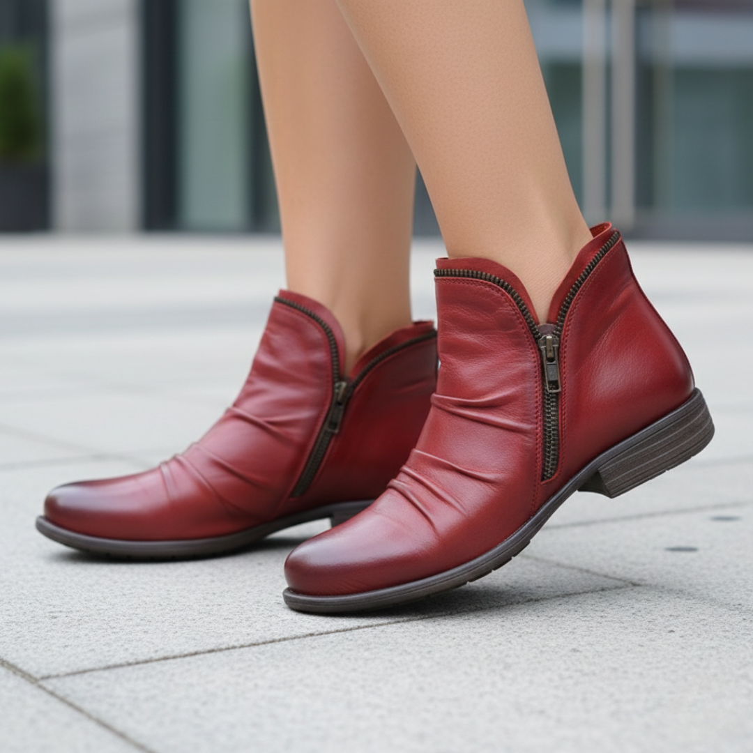 Bottes chevilles pour femmes en cuir synthétique orthopédique à double fermeture éclair et fronces