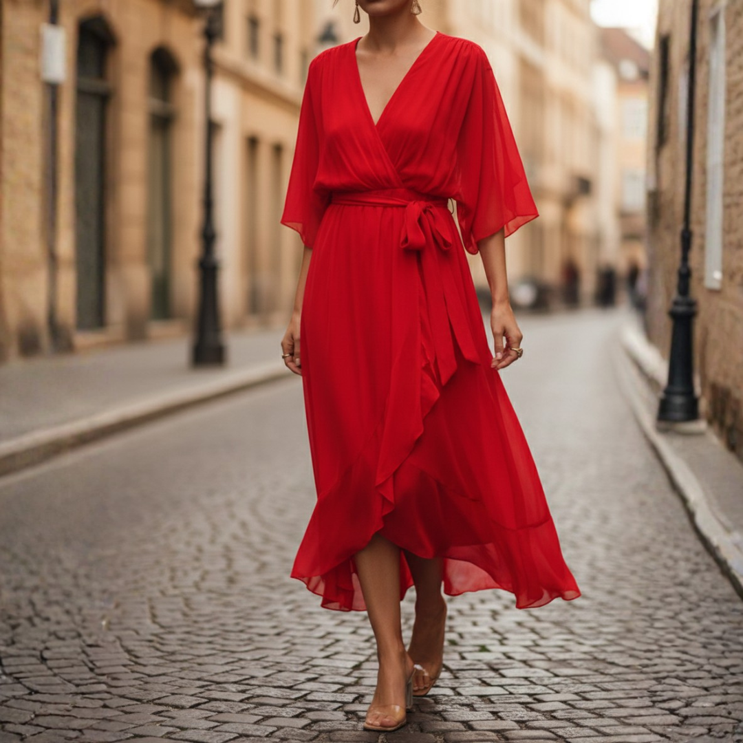 Robe longue à manches courtes en mousseline pour femmes
