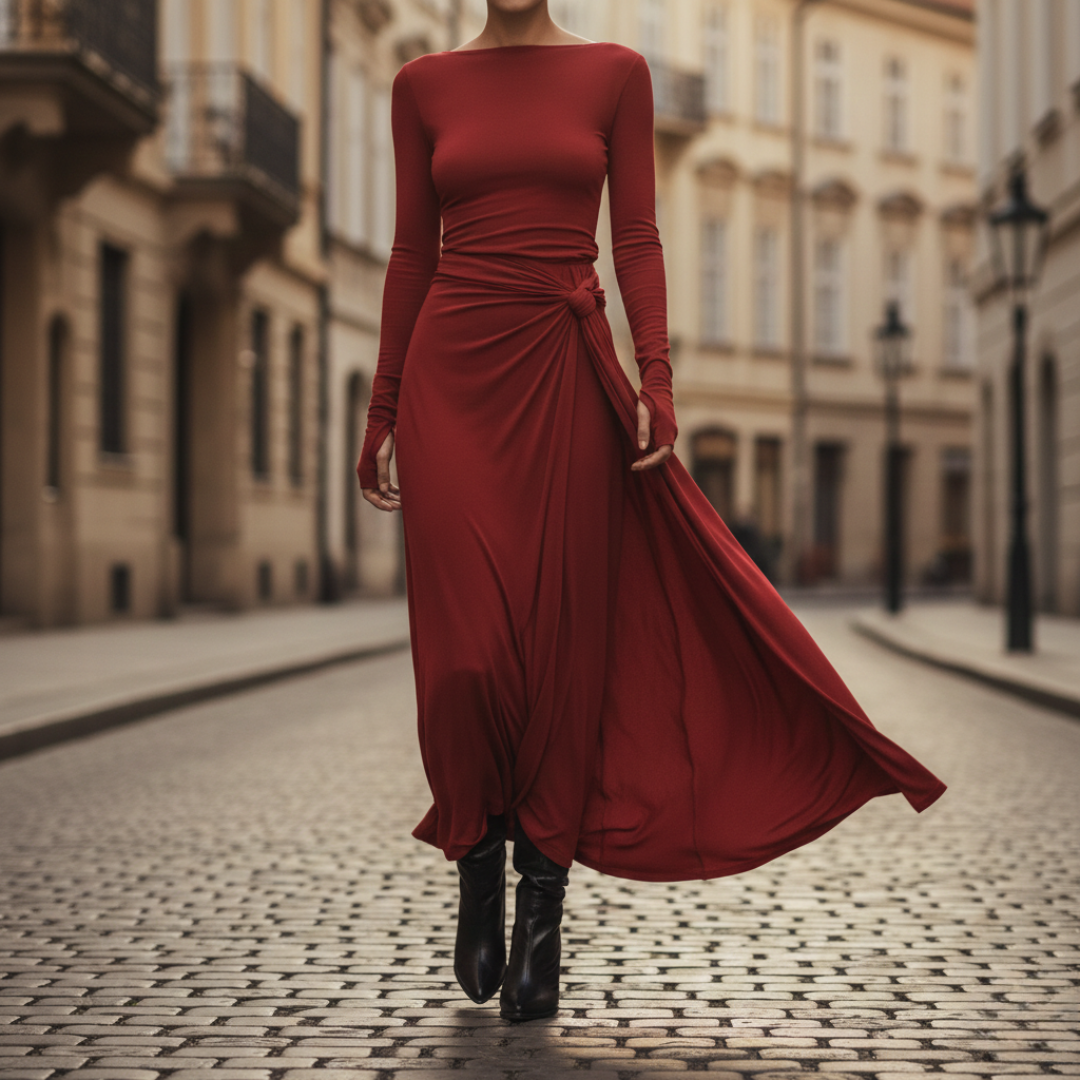 Robe longue à manches longues avec nœud latéral pour femme, longueur au sol
