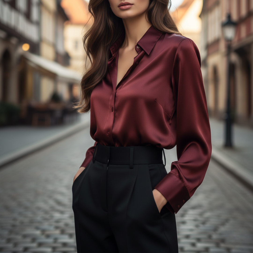 Damen Satin-Bluse Seiden-Optik Langarm mit Knopfleiste | Vestea