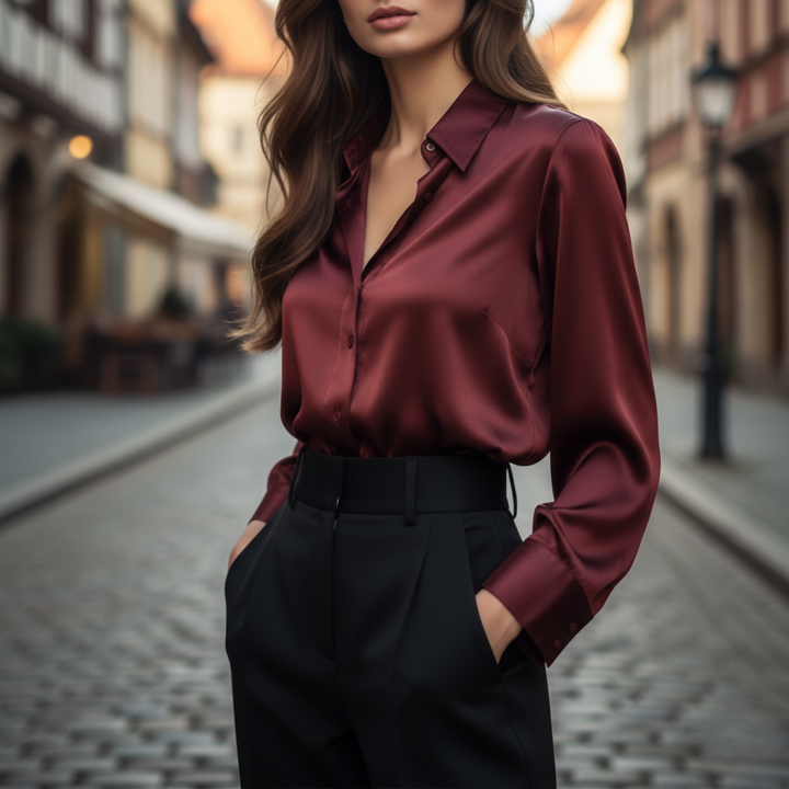 Damen Satin-Bluse Seiden-Optik Langarm mit Knopfleiste | Vestea