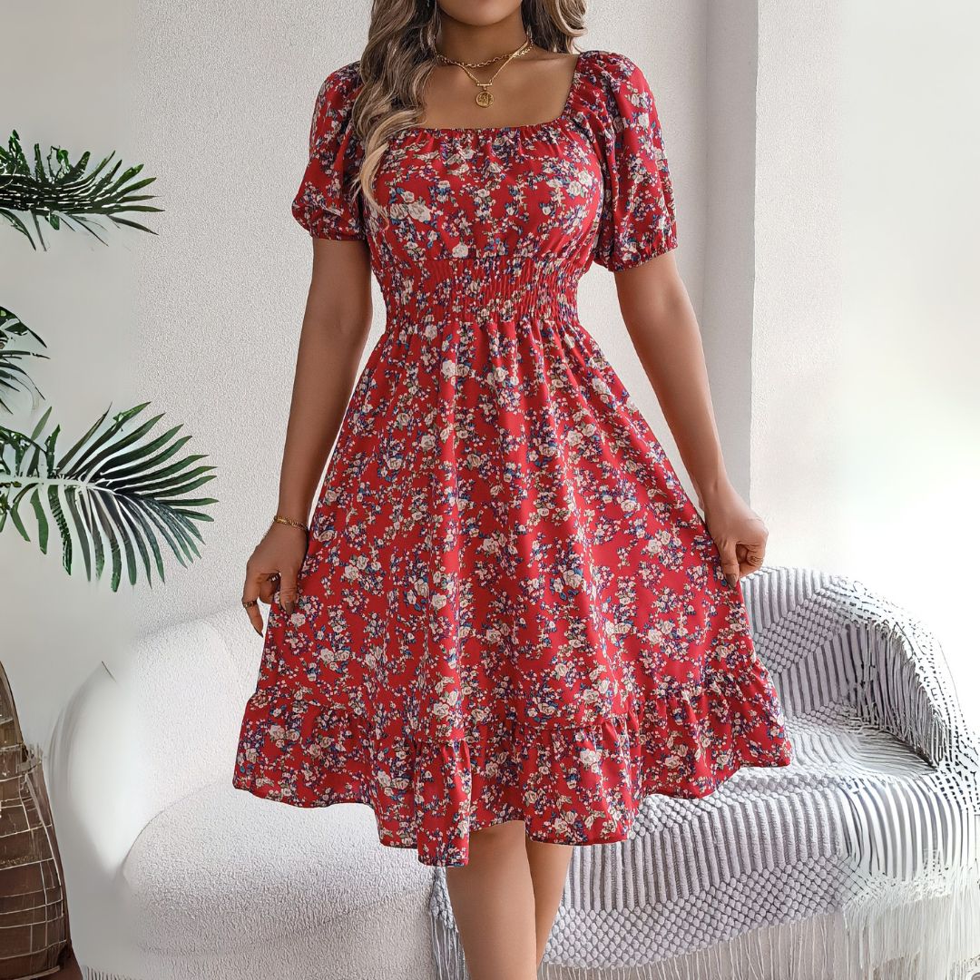 Damen Blumen Midikleid Baumwolle Puffärmel | Vestea