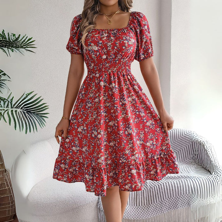 Damen Blumen Midikleid Baumwolle Puffärmel | Vestea