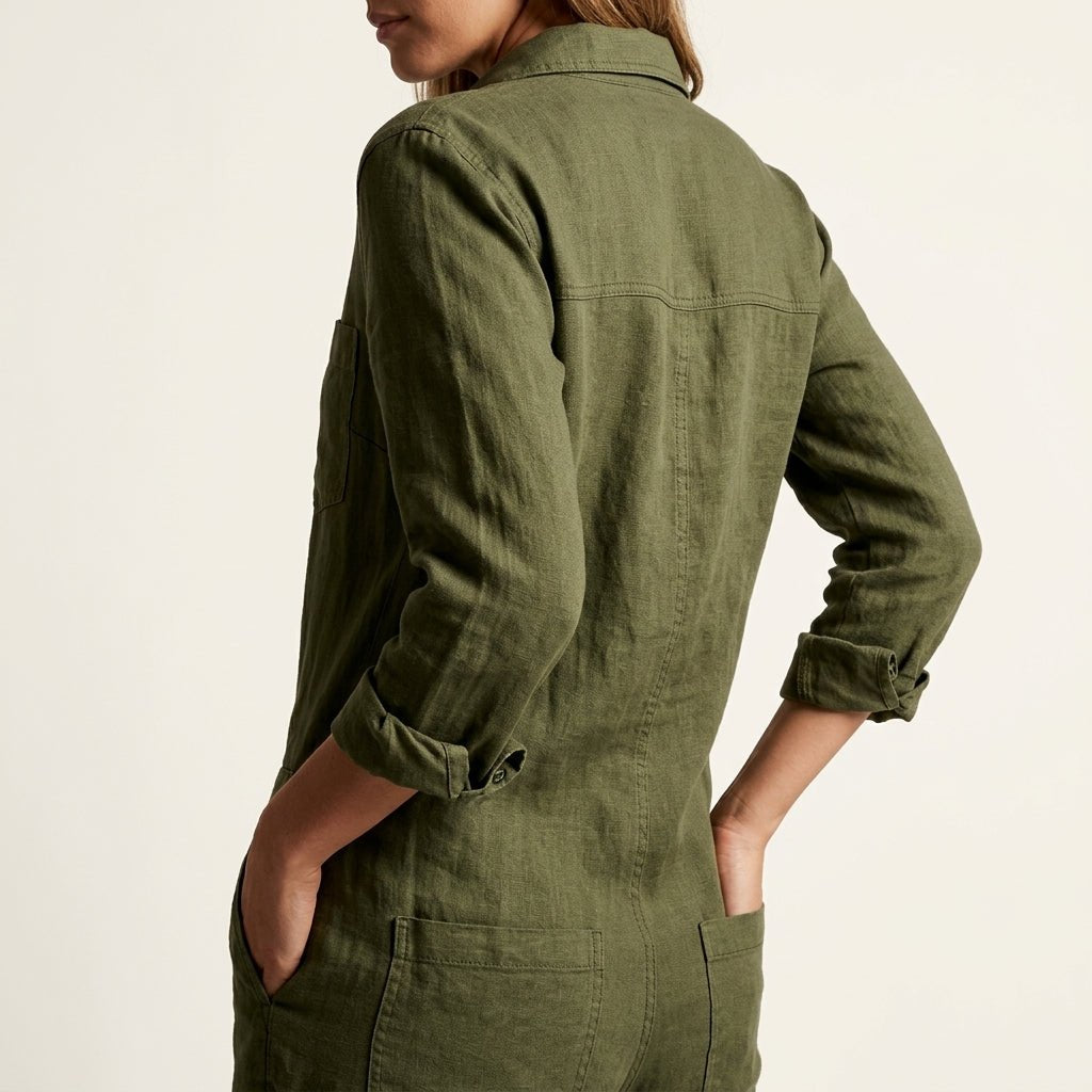 Relaxed Women's Linen Jumpsuits with Pockets Close Up