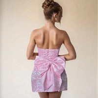 Women's Jacquard Mini Dress Strapless Backless Sleeveless With Bow