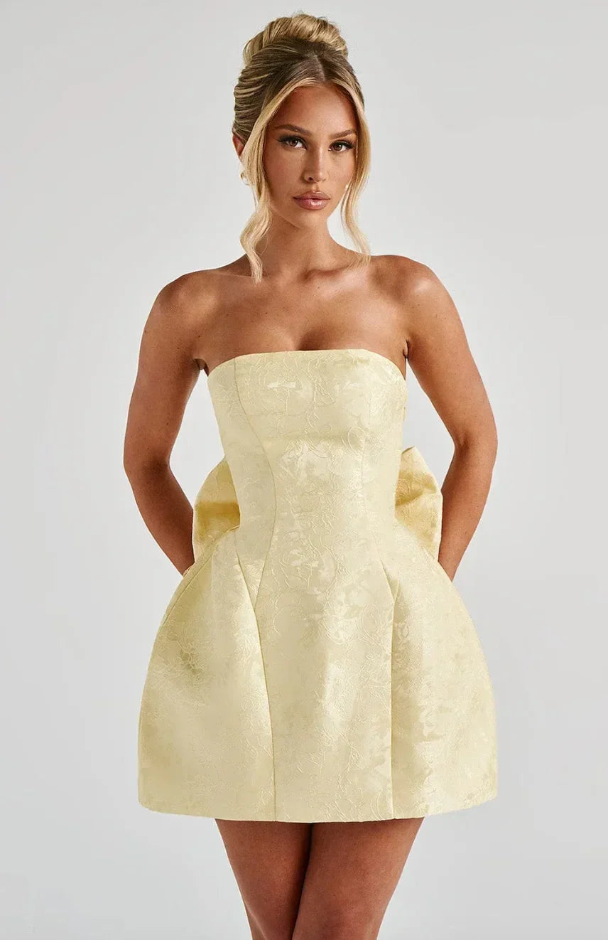 Women's Jacquard Mini Dress Strapless Backless Sleeveless With Bow