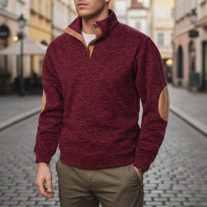 Herren Strick-Sweater Stehkragen Knopfleiste Ellbogenpatches | Vestea
