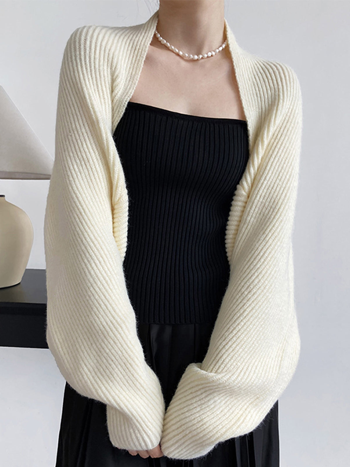 Pull shrug pour femme, manches longues, coupe régulière, ouverture devant