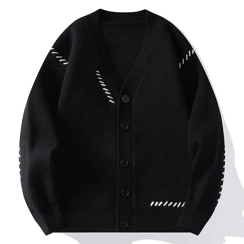 Unisex Cotton Cardigan | Contrast Stitch V-Neck Button-Up Back