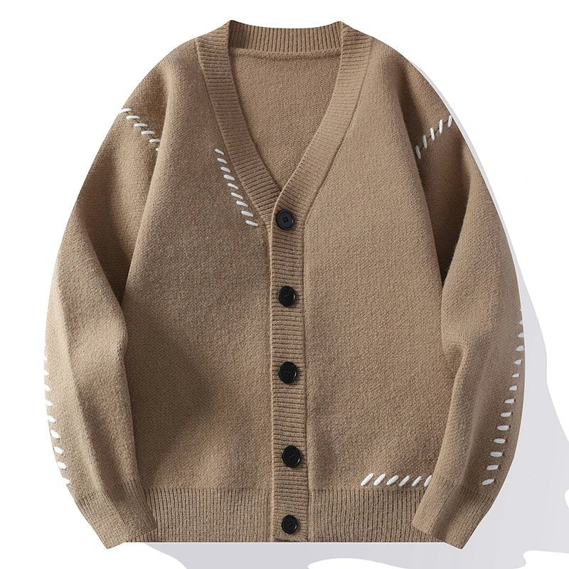 Unisex Cotton Cardigan | Contrast Stitch V-Neck Button-Up Front