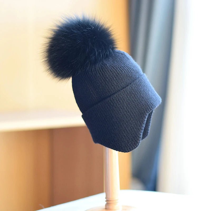 Unisex Ear Flap Pom Beanie | Cotton Blend Winter Hat Detail