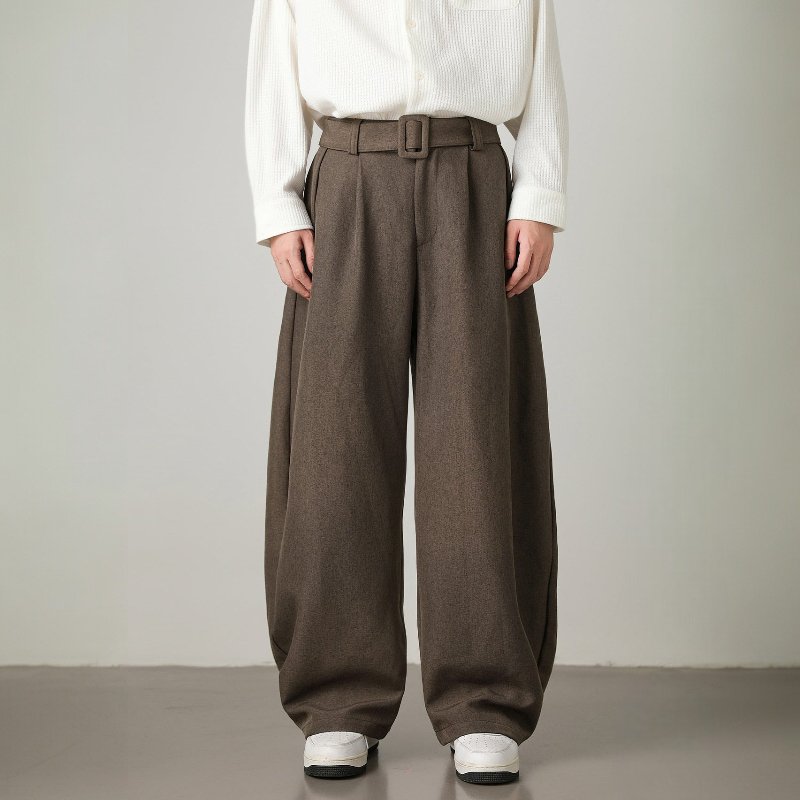 Unisex High-Waist Wide Leg Pants | Balloon Drape Belted Fit Front
