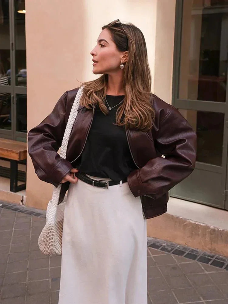 Women's Jacket Faux Leather Vintage Style – Casual Outerwear