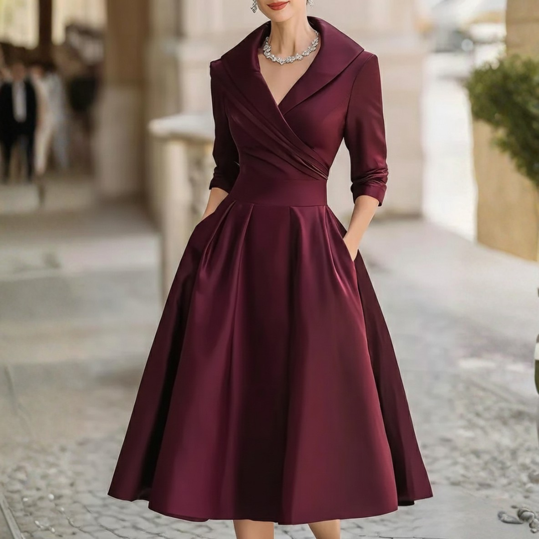Satin Midi Dress A Line Wrap Front Three Quarter Sleeve Women