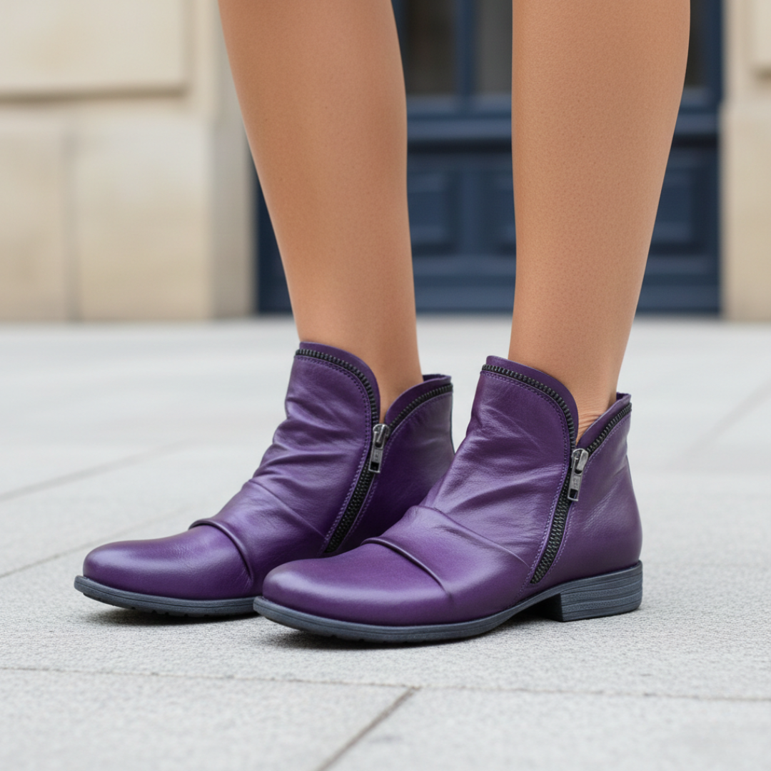 Bottes chevilles pour femmes en cuir synthétique orthopédique à double fermeture éclair et fronces