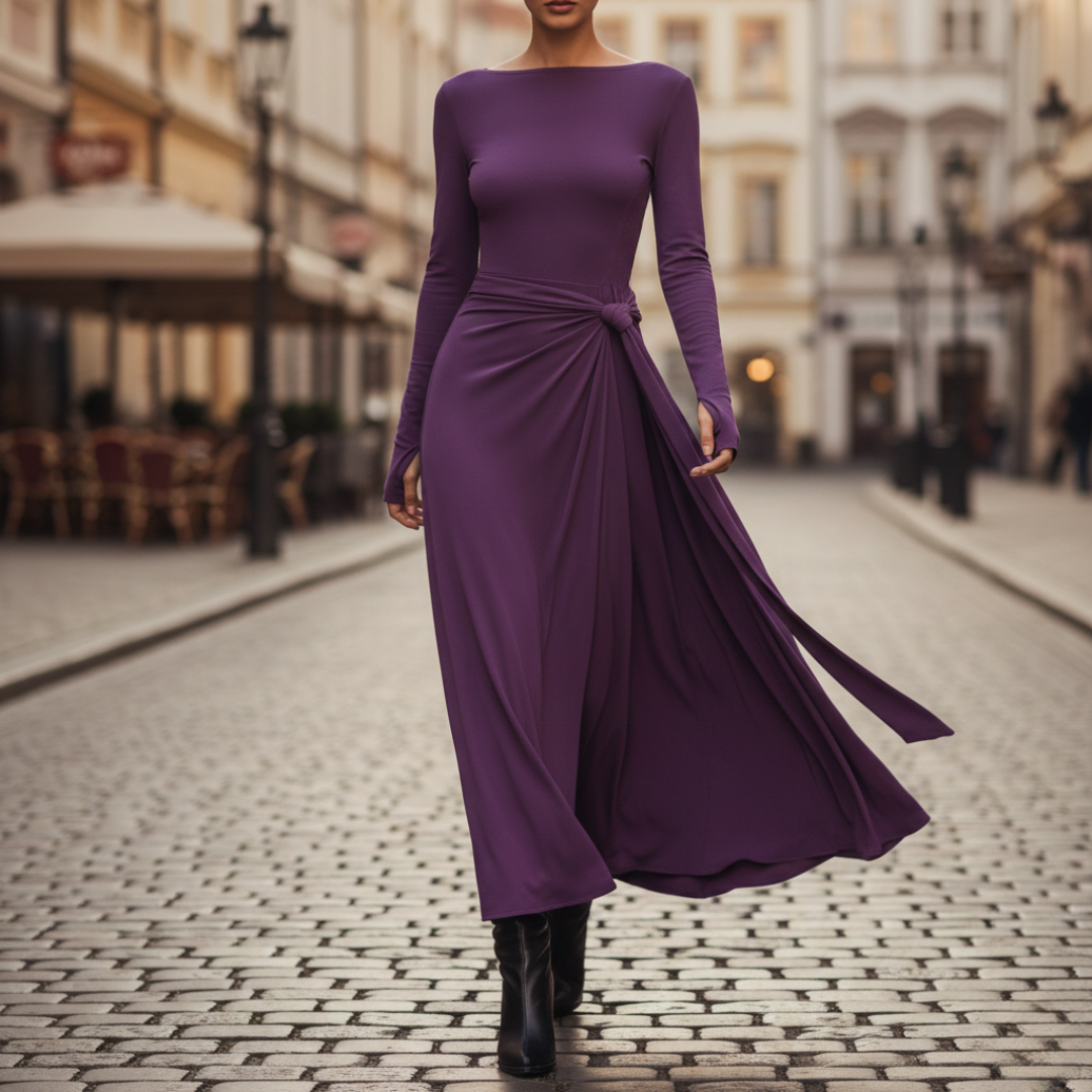 Robe longue à manches longues avec nœud latéral pour femme, longueur au sol