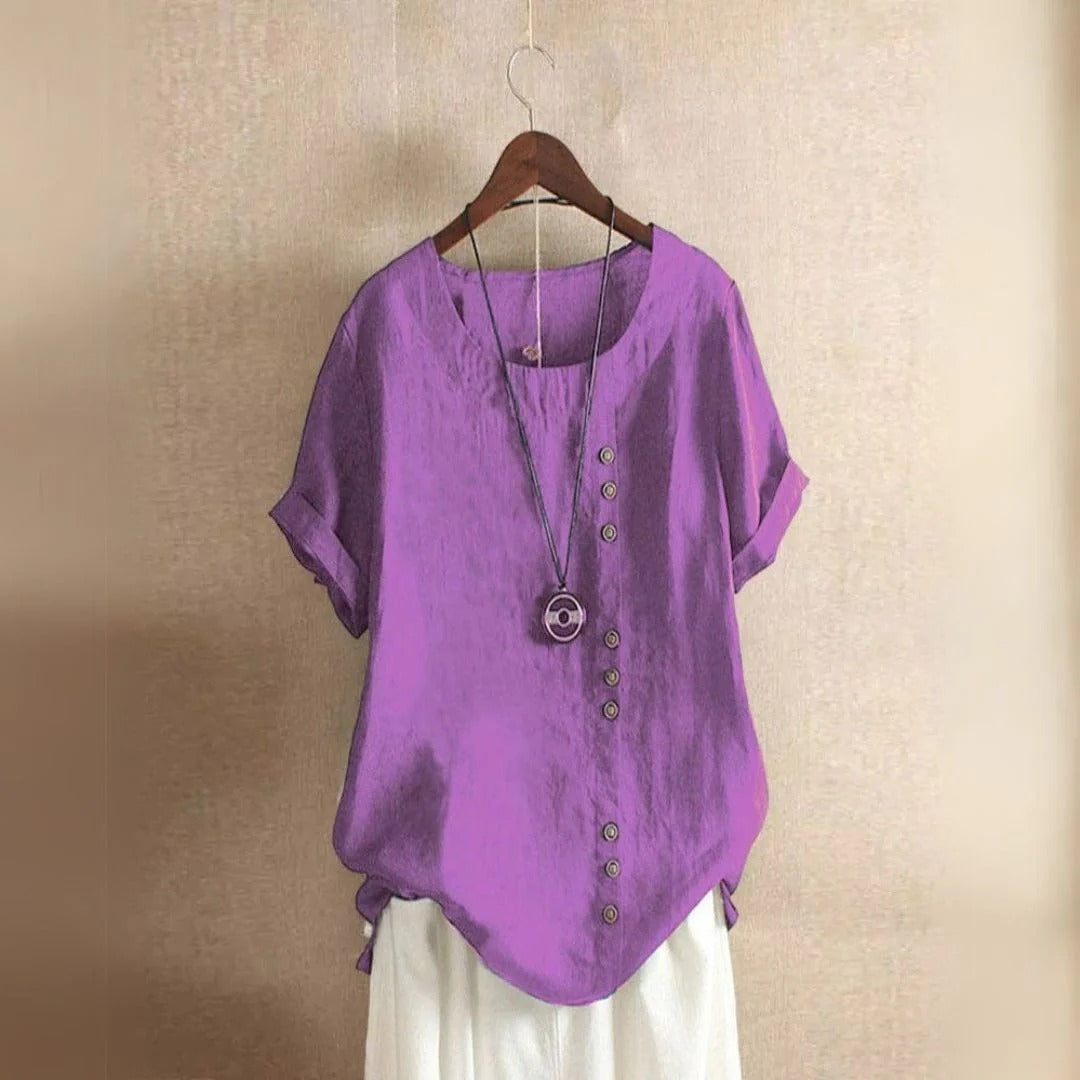 Damen Leinen Baumwolle Kurzarm Bluse | Vestea