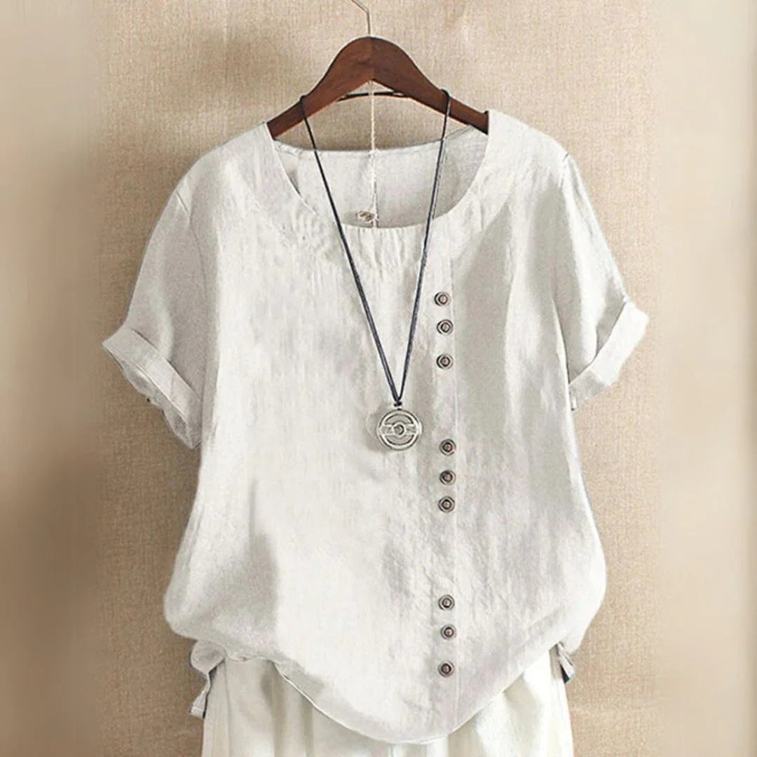 Damen Leinen Baumwolle Kurzarm Bluse | Vestea