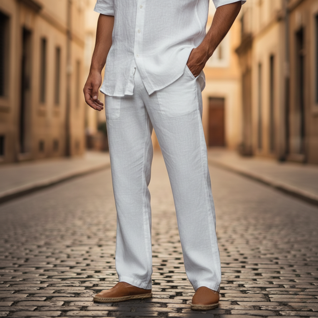 Pantalones holgados de lino para hombre con cordón