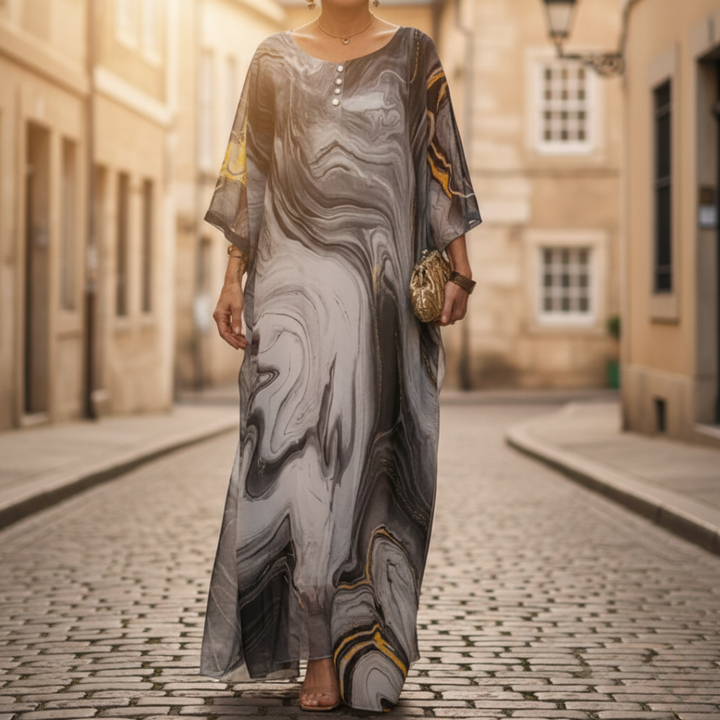 Maxi Dress Chiffon Marble Print Oversized Caftan Womens