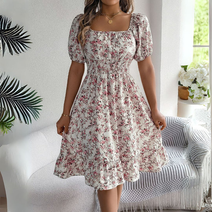 Damen Blumen Midikleid Baumwolle Puffärmel | Vestea