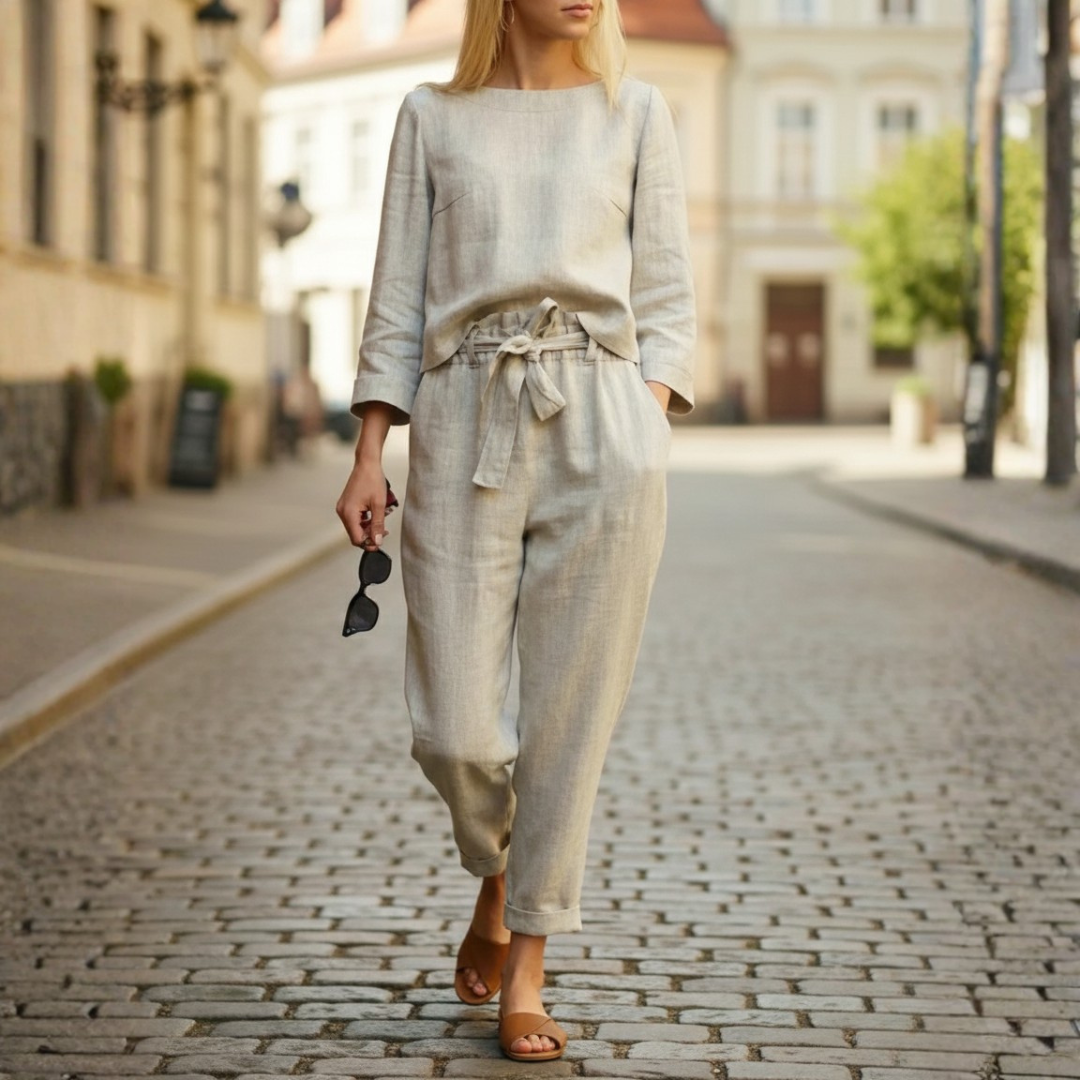 Ensemble deux pièces haut à manches longues ceinturé pantalon fuselé femme