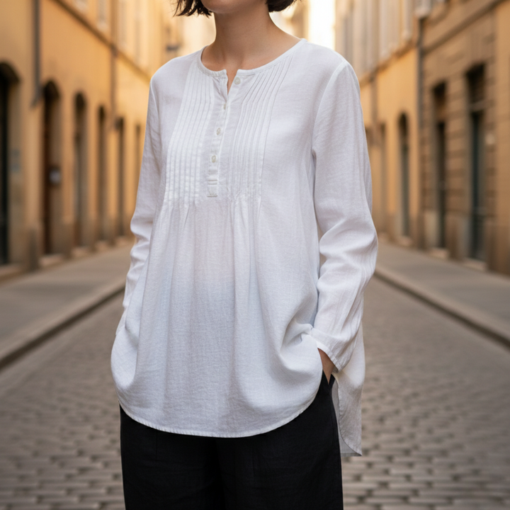 Blouse tunique à plis nervurés manches longues coupe décontractée femme