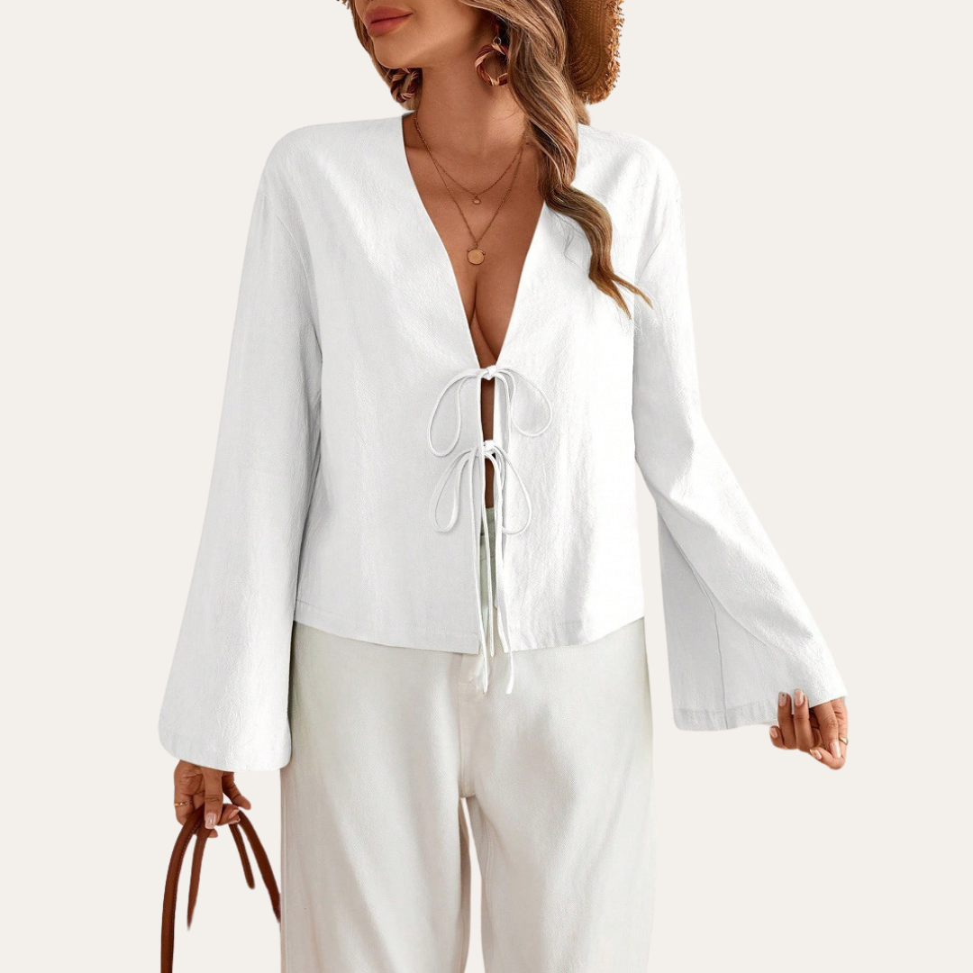 Vestea | Damen Baumwoll-Leinen Bluse mit Bindeband