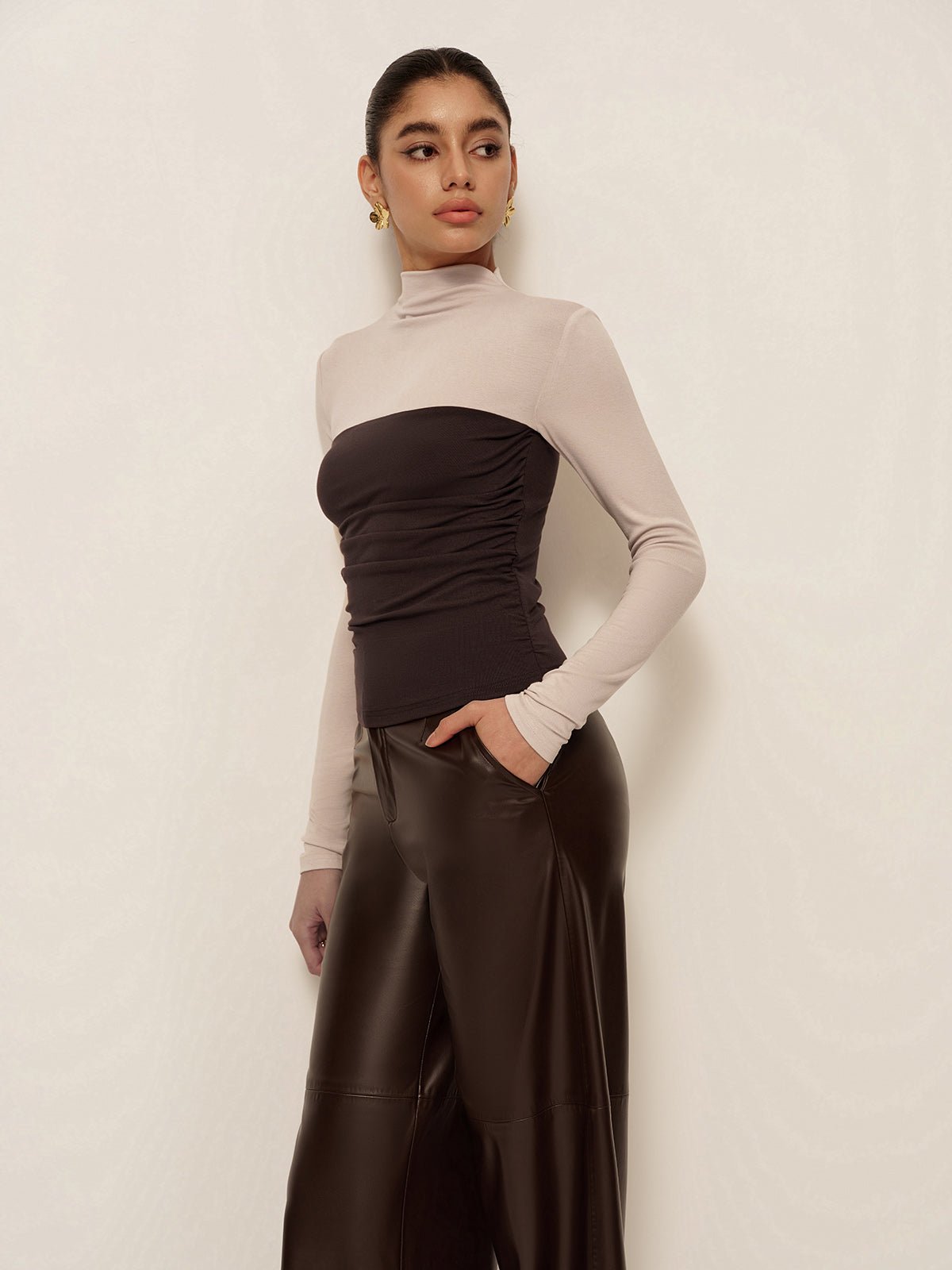 Women's 2 in 1 Mock Neck Color Block Jersey Top | Long Sleeve Back