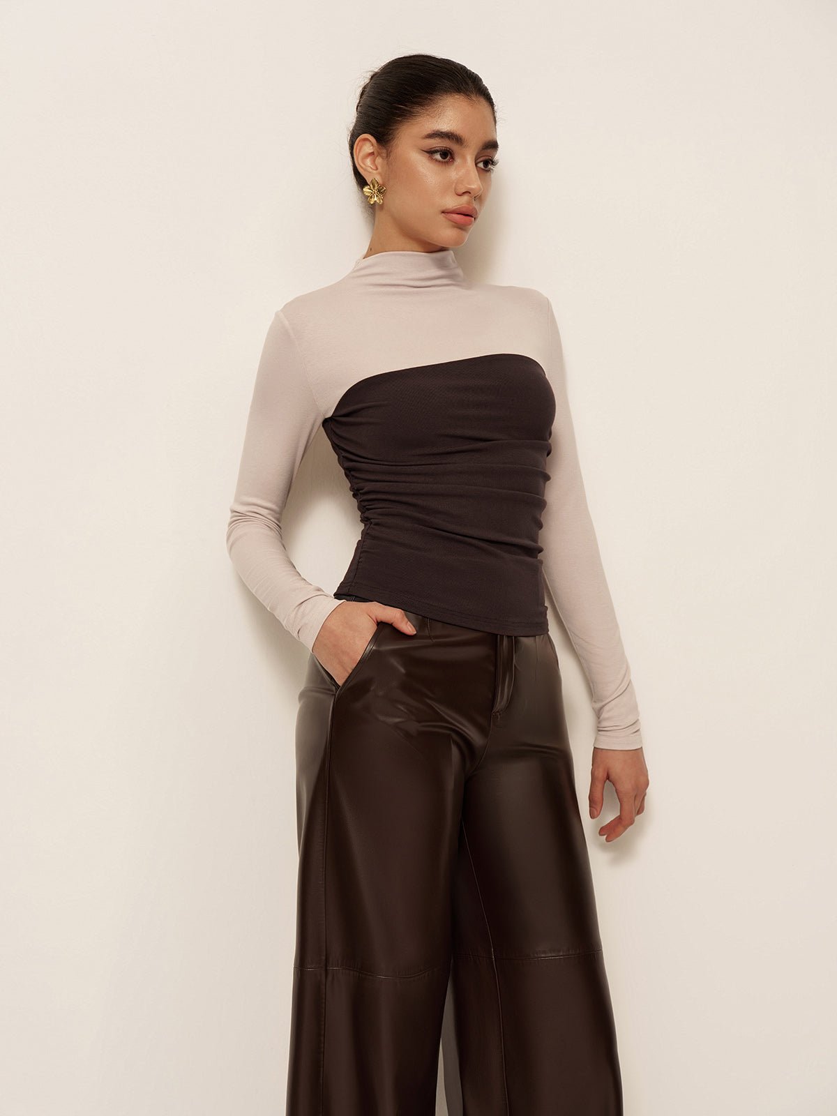 Women's 2 in 1 Mock Neck Color Block Jersey Top | Long Sleeve Front