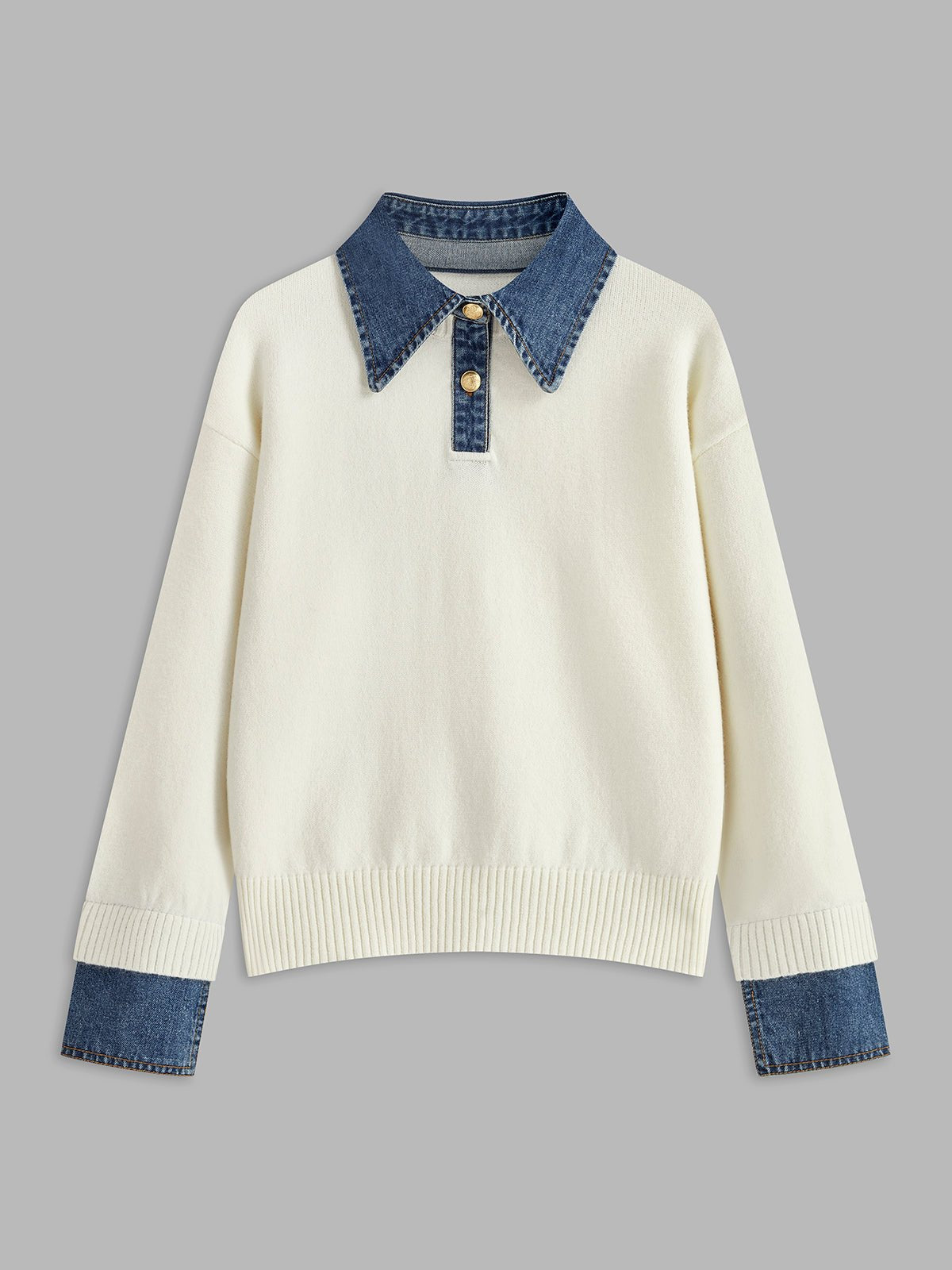 Women's 2 in 1 Panel Lapel Sweater | Denim Contrast Collar Alternate
