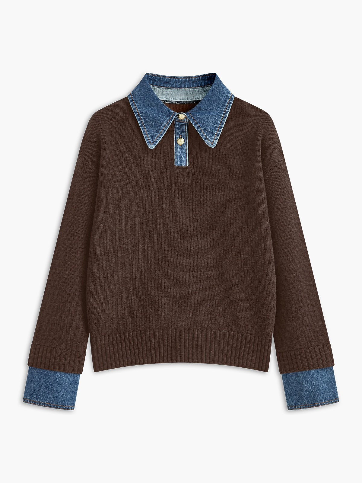Women's 2 in 1 Panel Lapel Sweater | Denim Contrast Collar Angle