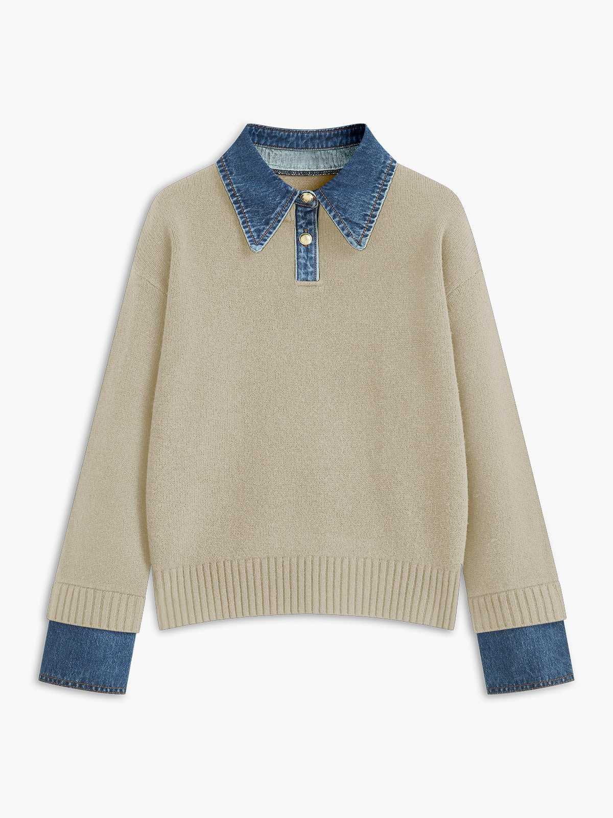 Women's 2 in 1 Panel Lapel Sweater | Denim Contrast Collar Full