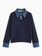 Women's 2 in 1 Panel Lapel Sweater | Denim Contrast Collar