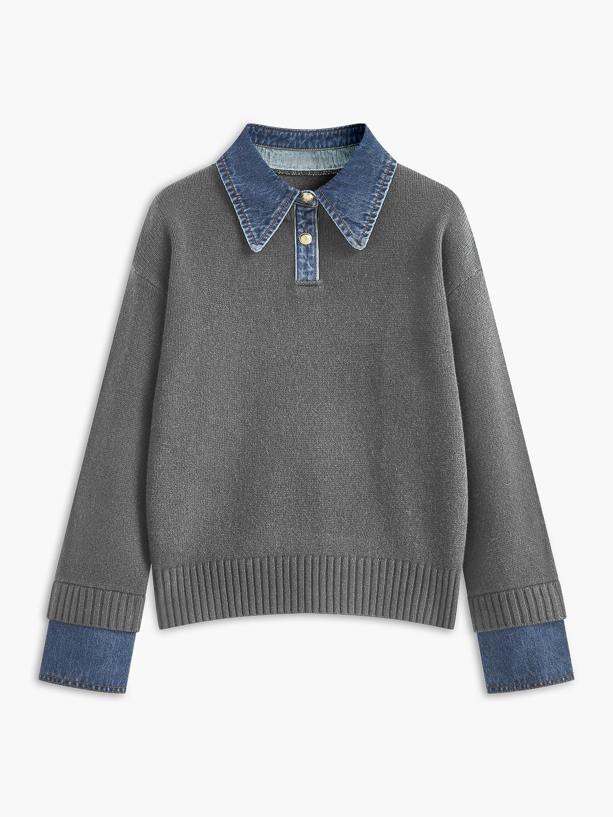 Women's 2 in 1 Panel Lapel Sweater | Denim Contrast Collar Lifestyle