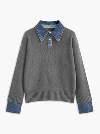 Women's 2 in 1 Panel Lapel Sweater | Denim Contrast Collar Lifestyle