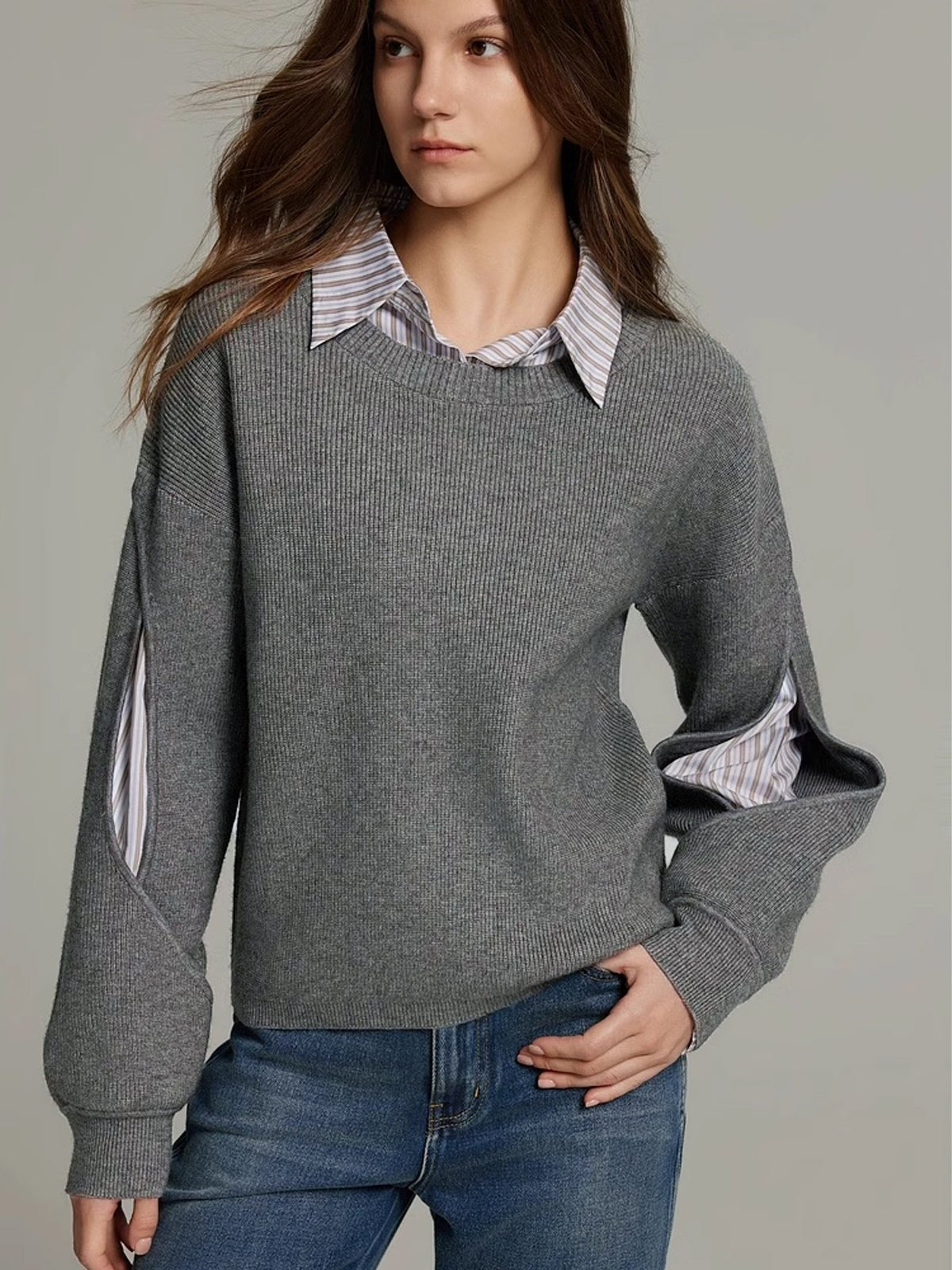 Women's 2 in 1 Ribbed Cutout Sweater | Open Elbow Knit Close Up