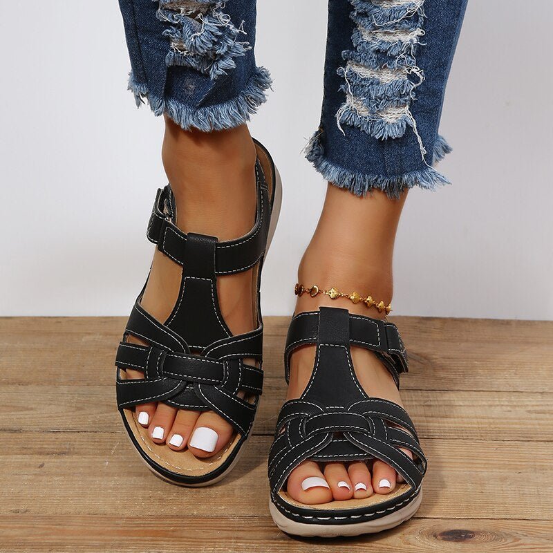 Women's Arch Support Walking Sandals | Woven T-Strap Front