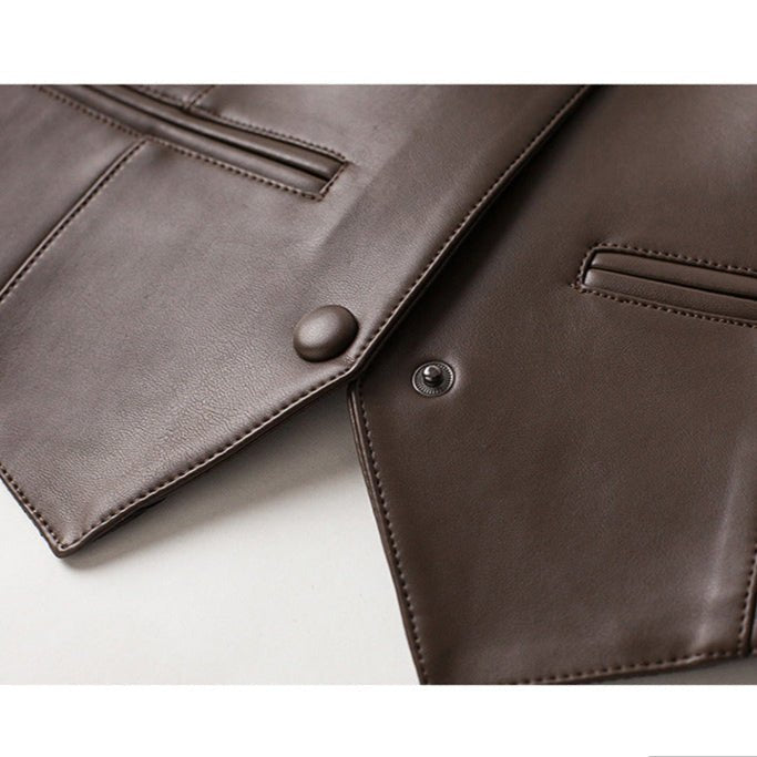 Women's Asymmetric Hem Sheepskin Leather Vest | V-Neck Tailored Close Up