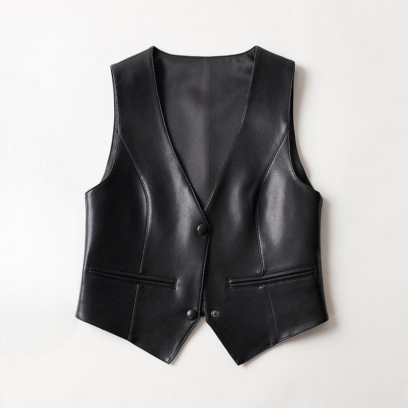 Women's Asymmetric Hem Sheepskin Leather Vest | V-Neck Tailored Detail