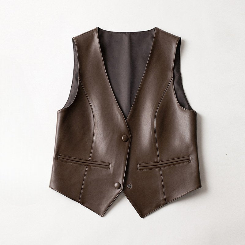 Women's Asymmetric Hem Sheepskin Leather Vest | V-Neck Tailored Hero