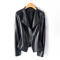 Women's Asymmetric Zip Leather Jacket | Structured V-Collar Slim Fit Back