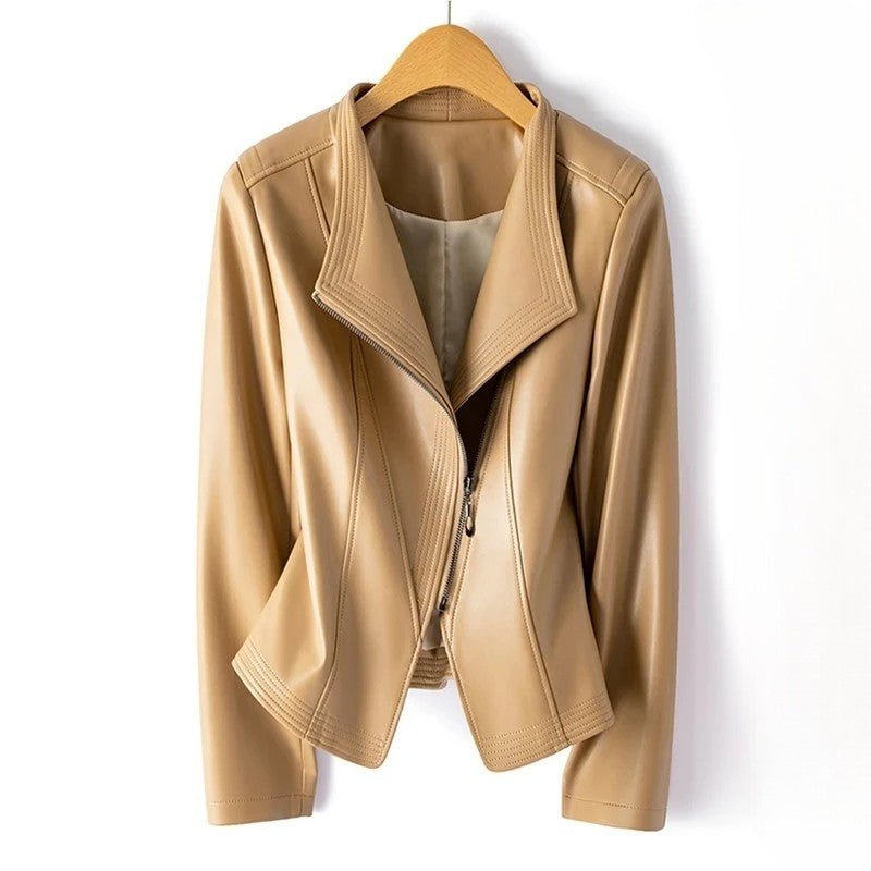 Women's Asymmetric Zip Leather Jacket | Structured V-Collar Slim Fit Close Up