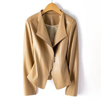 Women's Asymmetric Zip Leather Jacket | Structured V-Collar Slim Fit Close Up